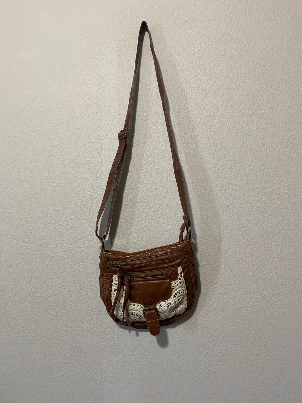 Brown Crossbody Bag with Crochet Accent - Women